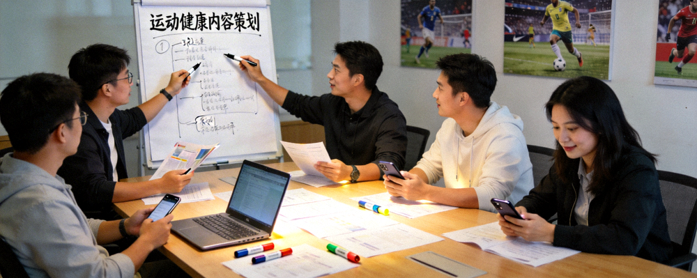 球速体育团队在会议室讨论运动健康内容策划，氛围专业且积极